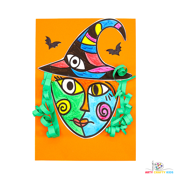 A colorful collage of a Picasso-inspired witch face featuring unique shapes, vibrant colors, and whimsical elements like flowing hair, a pointy hat, stars, and a moon. The artwork showcases a fun and creative Halloween theme, perfect for kids to explore cubism and collage techniques.