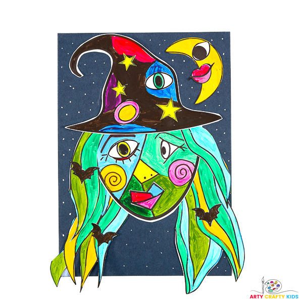 A colorful collage of a Picasso-inspired witch face featuring unique shapes, vibrant colors, and whimsical elements like flowing hair, a pointy hat, stars, and a moon. The artwork showcases a fun and creative Halloween theme, perfect for kids to explore cubism and collage techniques.