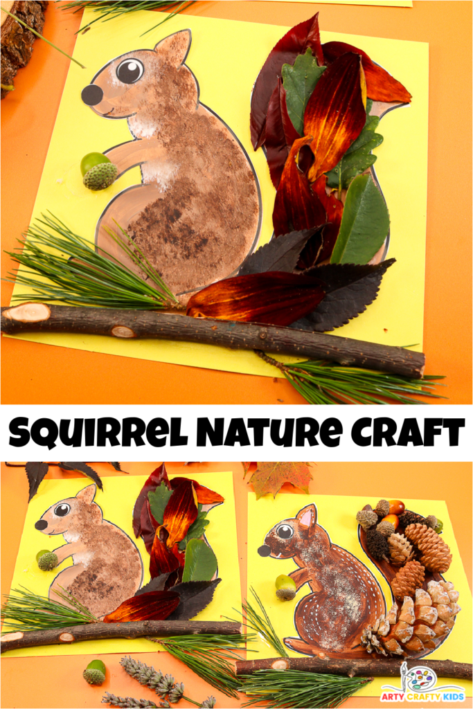 Craft project featuring a squirrel template filled with natural materials like twigs, acorns, and leaves. Kids can use these materials to create a unique, textured squirrel craft, showcasing their creativity and connection with nature.