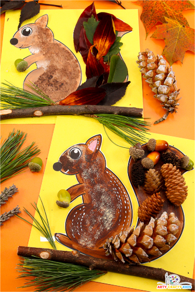 Craft project featuring a squirrel template filled with natural materials like twigs, acorns, and leaves. Kids can use these materials to create a unique, textured squirrel craft, showcasing their creativity and connection with nature.