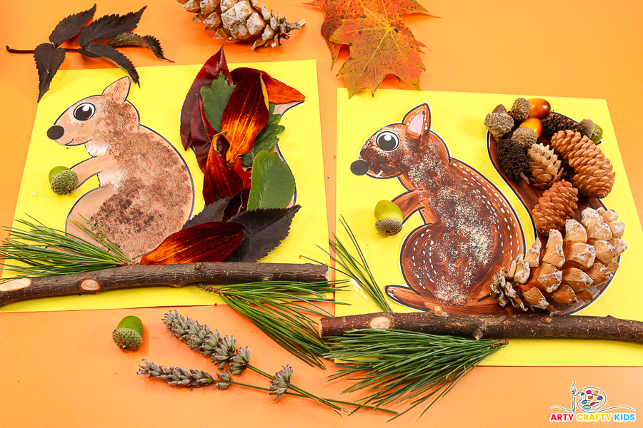 Craft project featuring a squirrel template filled with natural materials like twigs, acorns, and leaves. Kids can use these materials to create a unique, textured squirrel craft, showcasing their creativity and connection with nature.