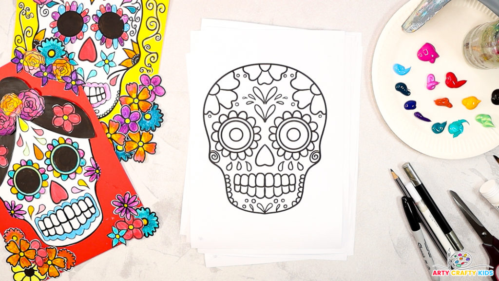 Image featuring the Day of the Dead Skull Art templates, surrounded by a Frida Kahlo example, paint and craft items.