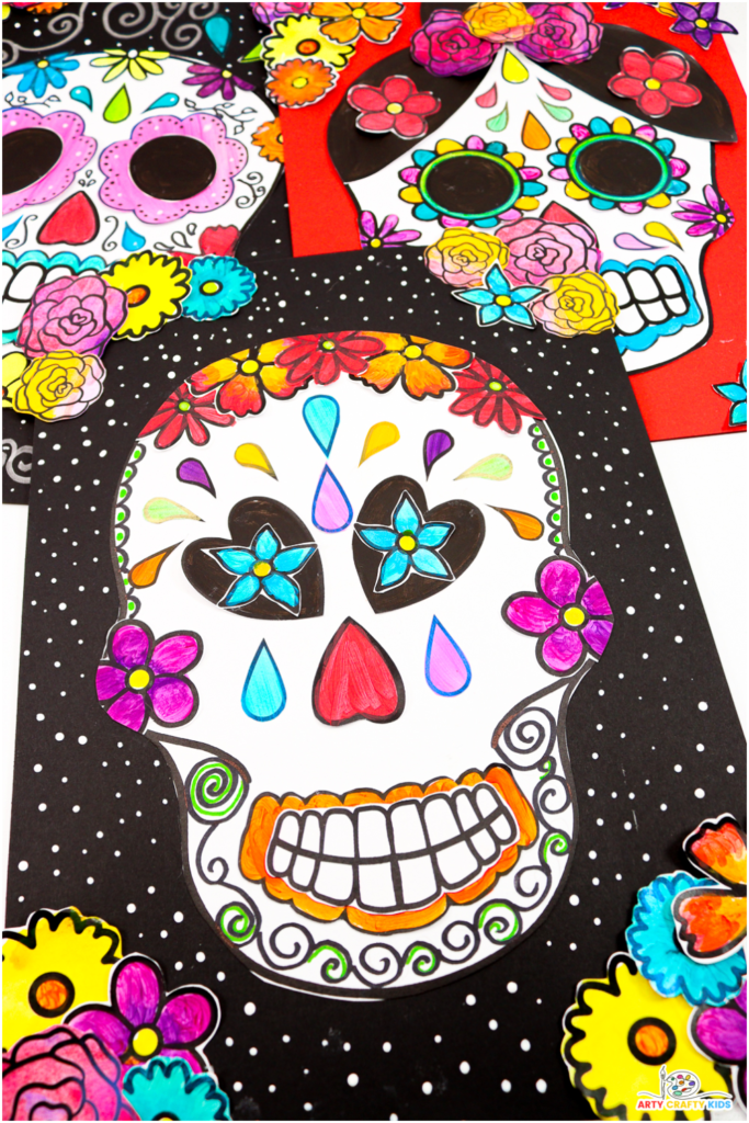 Colorful Day of the Dead sugar skull art for kids featuring traditional motifs like flowers and hearts. Fun art project idea with templates, perfect for experimenting with techniques like squeegee painting, color blending, and collage to create vibrant, unique designs.