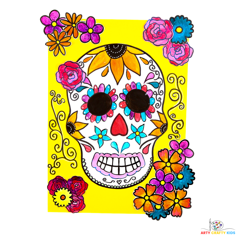 Colorful Day of the Dead sugar skull art for kids featuring traditional motifs like flowers and hearts. Fun art project idea with templates, perfect for experimenting with techniques like squeegee painting, color blending, and collage to create vibrant, unique designs.