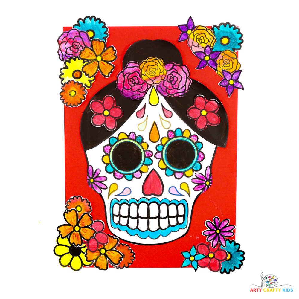 Colorful Day of the Dead sugar skull art for kids featuring traditional motifs like flowers and hearts. Fun art project idea with templates, perfect for experimenting with techniques like squeegee painting, color blending, and collage to create vibrant, unique designs.