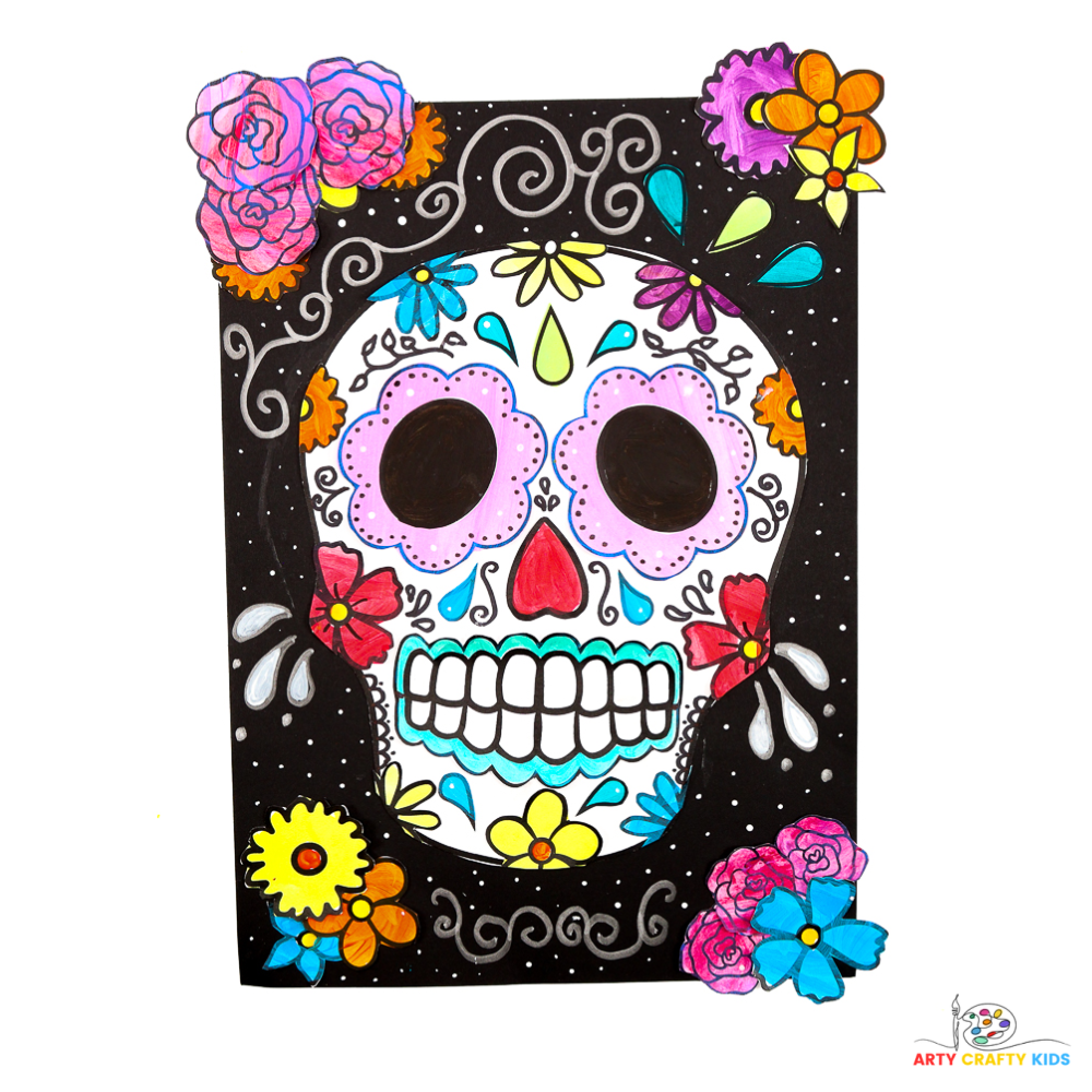 Colorful Day of the Dead sugar skull art for kids featuring traditional motifs like flowers and hearts. Fun art project idea with templates, perfect for experimenting with techniques like squeegee painting, color blending, and collage to create vibrant, unique designs.