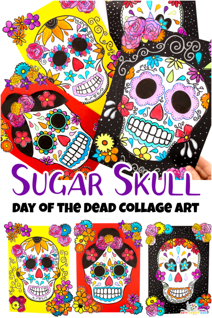 Colorful Day of the Dead sugar skull art for kids featuring traditional motifs like flowers and hearts. Fun art project idea with templates, perfect for experimenting with techniques like squeegee painting, color blending, and collage to create vibrant, unique designs.