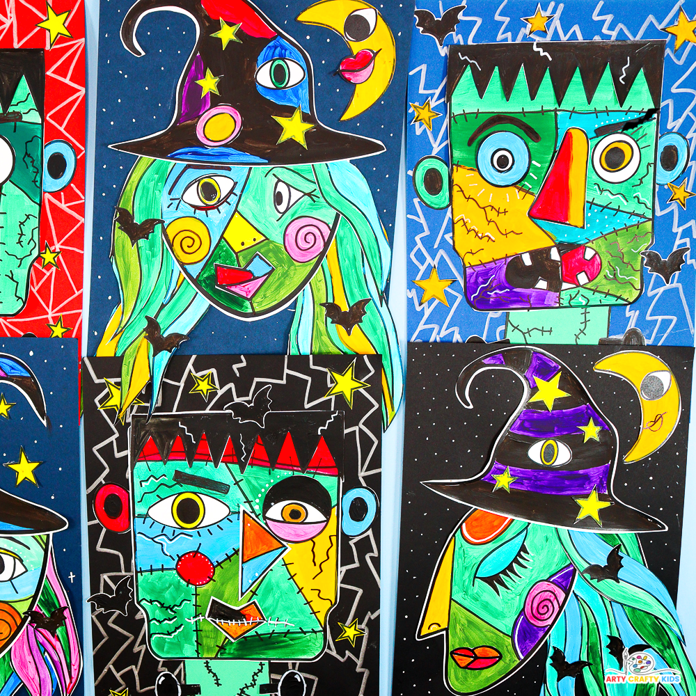 Picasso inspired Frankenstein and Witch collage art for kids to make this Halloween.