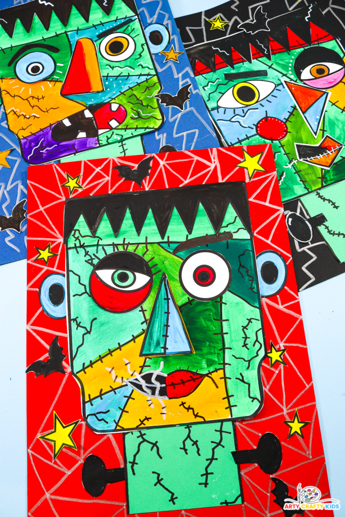 Kids' Picasso-inspired Frankenstein Halloween craft. A fun, hands-on collage project where children mix and match facial features, add bold colors, and experiment with expressions. Encourages creativity and discussions on how different expressions change the character's appearance and mood. Ideal for Halloween crafting.