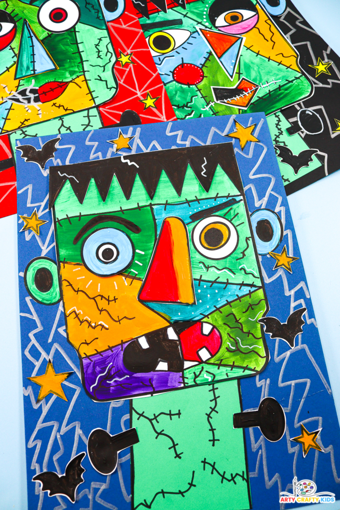 Kids' Picasso-inspired Frankenstein Halloween craft. A fun, hands-on collage project where children mix and match facial features, add bold colors, and experiment with expressions. Encourages creativity and discussions on how different expressions change the character's appearance and mood. Ideal for Halloween crafting.