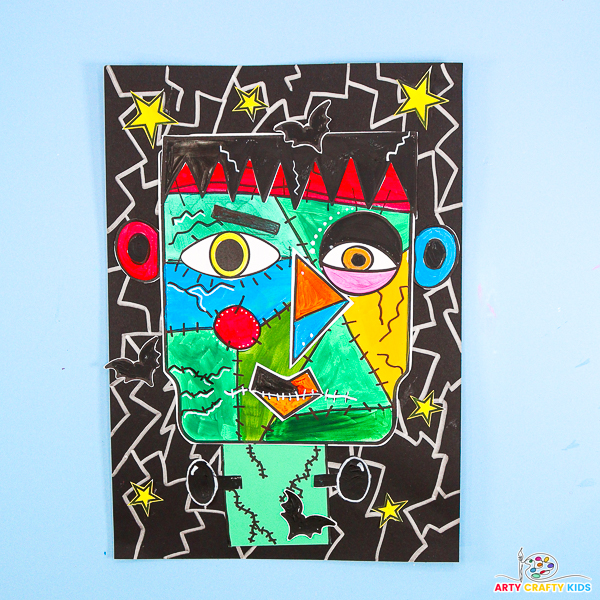 Kids' Picasso-inspired Frankenstein Halloween craft. A fun, hands-on collage project where children mix and match facial features, add bold colors, and experiment with expressions. Encourages creativity and discussions on how different expressions change the character's appearance and mood. Ideal for Halloween crafting.