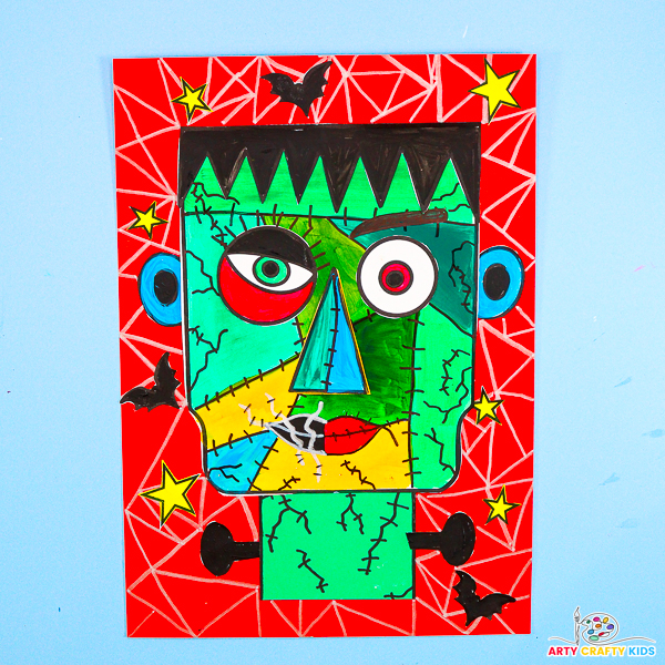 Kids' Picasso-inspired Frankenstein Halloween craft. A fun, hands-on collage project where children mix and match facial features, add bold colors, and experiment with expressions. Encourages creativity and discussions on how different expressions change the character's appearance and mood. Ideal for Halloween crafting.