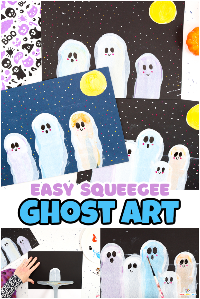 Easy Squeegee Ghost Art for Halloween: A fun and simple squeegee ghost painting craft for kids, featuring vibrant ghost shapes on a dark background. The ghosts have cute facial expressions with big eyes, smiles, and pink cheeks, surrounded by twinkling stars and a glowing yellow moon. Perfect for Halloween crafts, parties, and group activities.