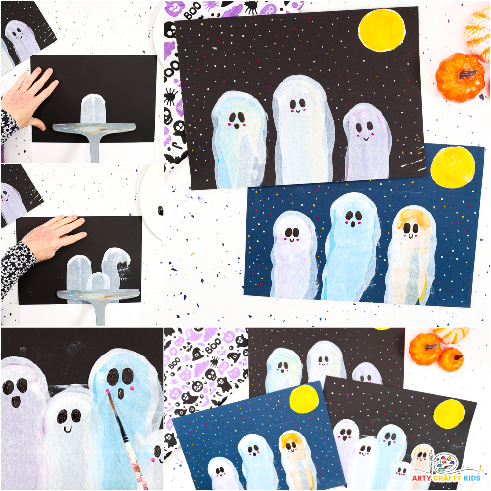 Easy Squeegee Ghost Art for Halloween: A fun and simple squeegee ghost painting craft for kids, featuring vibrant ghost shapes on a dark background. The ghosts have cute facial expressions with big eyes, smiles, and pink cheeks, surrounded by twinkling stars and a glowing yellow moon. Perfect for Halloween crafts, parties, and group activities.