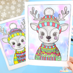 Illustrated reindeer line art project for kids featuring a festive design with a colorful Christmas sweater and bobble hat. The reindeer is surrounded by a wintery watercolor background with soft blue, purple, and pink hues, accented by wax-resist snowflakes.