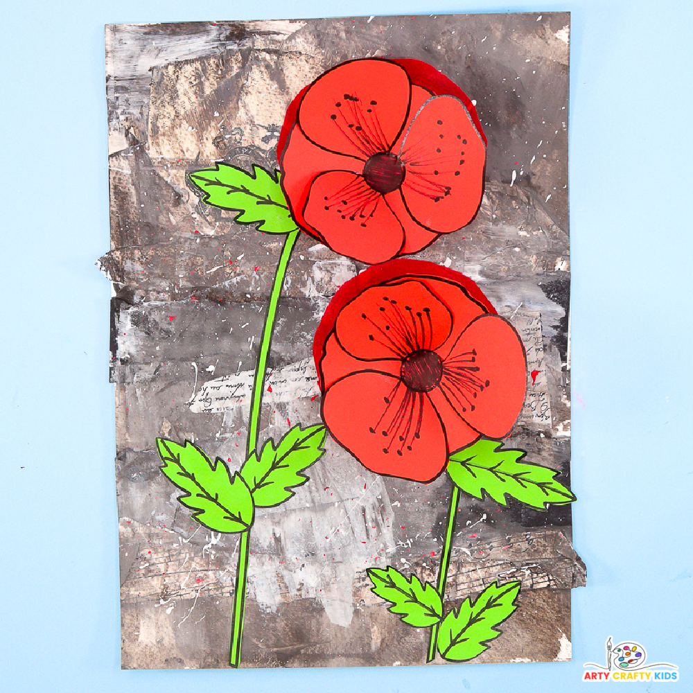 3D Remembrance Day poppy craft with red tissue paper poppies on a layered monochrome background.