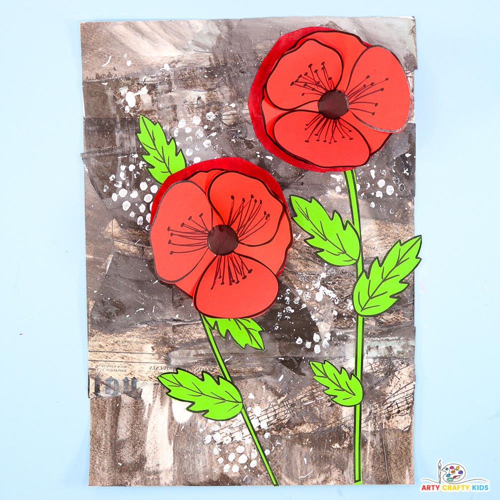 3D Remembrance Day poppy craft with red tissue paper poppies on a layered monochrome background.