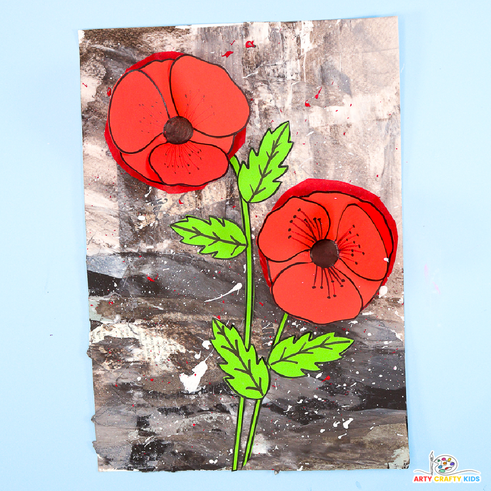 3D Remembrance Day poppy craft with red tissue paper poppies on a layered monochrome background.