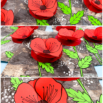 3D Remembrance Day poppy craft with red tissue paper poppies on a layered monochrome background.