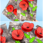 3D Remembrance Day poppy craft with red tissue paper poppies on a layered monochrome background.