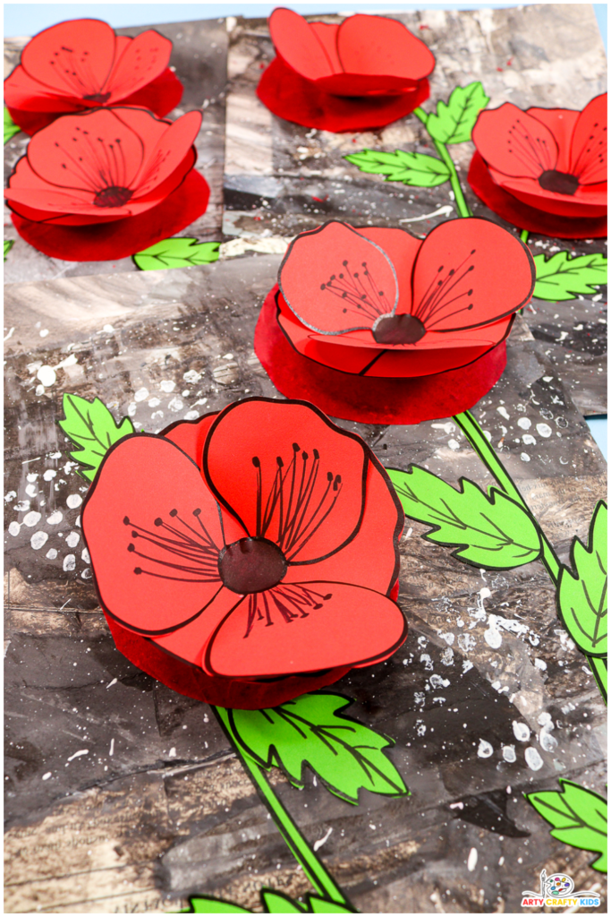 3D Remembrance Day poppy craft with red tissue paper poppies on a layered monochrome background.