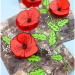 3D Remembrance Day poppy craft with red tissue paper poppies on a layered monochrome background.