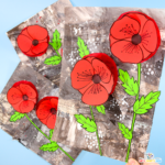 3D Remembrance Day poppy craft for kids with red tissue paper poppies on a layered monochrome background,