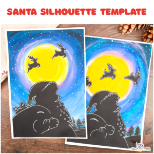 A black and white Santa silhouette template featuring Santa Claus with his sack of gifts and a reindeer, designed for cutting and tracing. Perfect for use in Christmas-themed crafts and art projects.