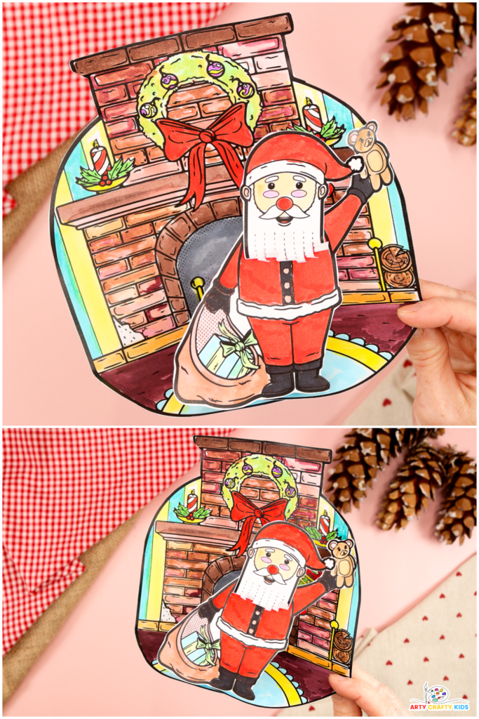 Pop-Up Santa Coloring Craft featuring a jolly Santa popping out in front of a festive fireplace backdrop. A colorful 3D holiday craft for kids combining coloring, cutting, and assembly to create a fun Christmas decoration.