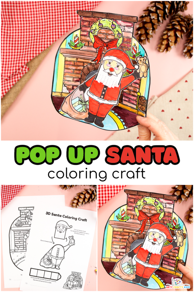 Pop-Up Santa Coloring Craft featuring a jolly Santa popping out in front of a festive fireplace backdrop. A colorful 3D holiday craft for kids combining coloring, cutting, and assembly to create a fun Christmas decoration.