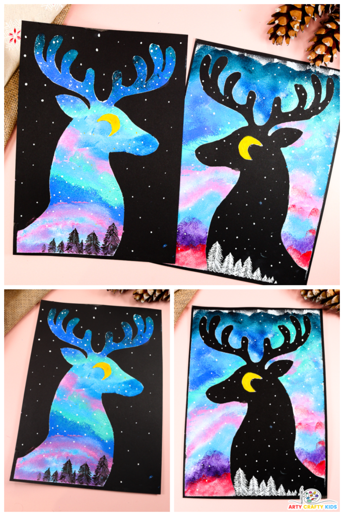 A colorful reindeer silhouette painting showcasing a vibrant northern lights-inspired night sky, emphasizing creative use of positive and negative space for a festive winter art project.