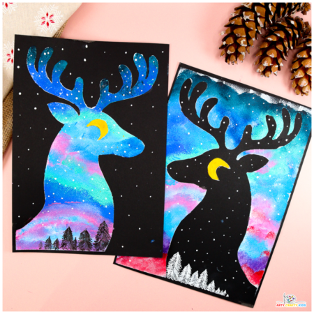 Reindeer Silhouette Art – A simple and fun winter craft for kids! Create stunning night skies and explore artistic contrasts in this festive painting project.