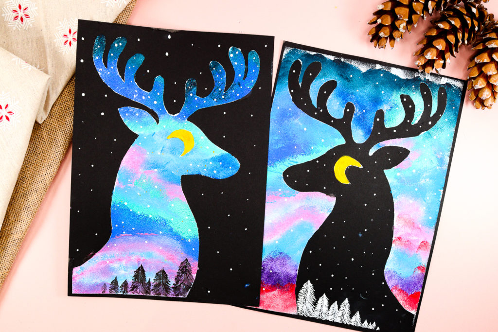 A colorful reindeer silhouette painting showcasing a vibrant northern lights-inspired night sky, emphasizing creative use of positive and negative space for a festive winter art project.