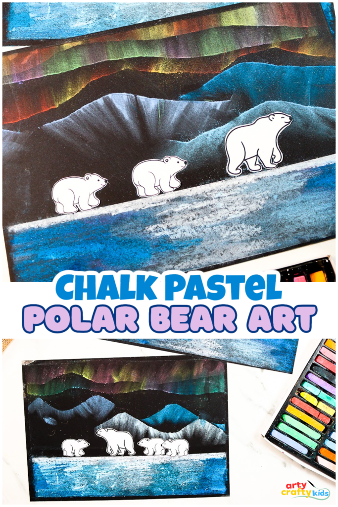 Chalk pastel art featuring vibrant Northern Lights, snow-capped mountains, and reflective water, complete with a family of polar bear cutouts, perfect for a kids' Arctic-themed craft project.