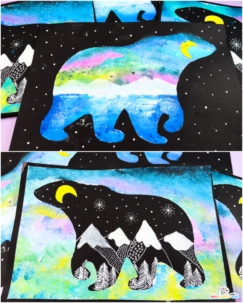 Polar Bear Silhouette Paintings featuring vibrant aurora borealis backgrounds, yellow moon details, and intricate snowy mountain patterns, perfect for winter-themed art projects for kids.