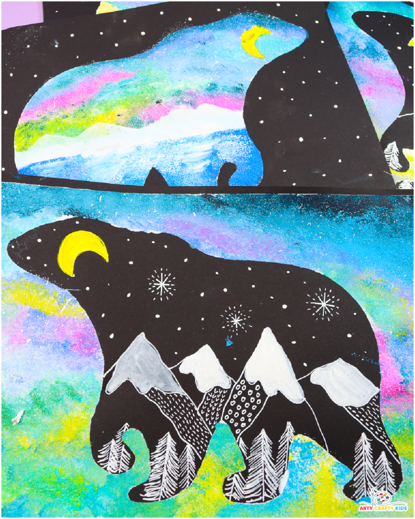 Polar Bear Silhouette Paintings featuring vibrant aurora borealis backgrounds, yellow moon details, and intricate snowy mountain patterns, perfect for winter-themed art projects for kids.