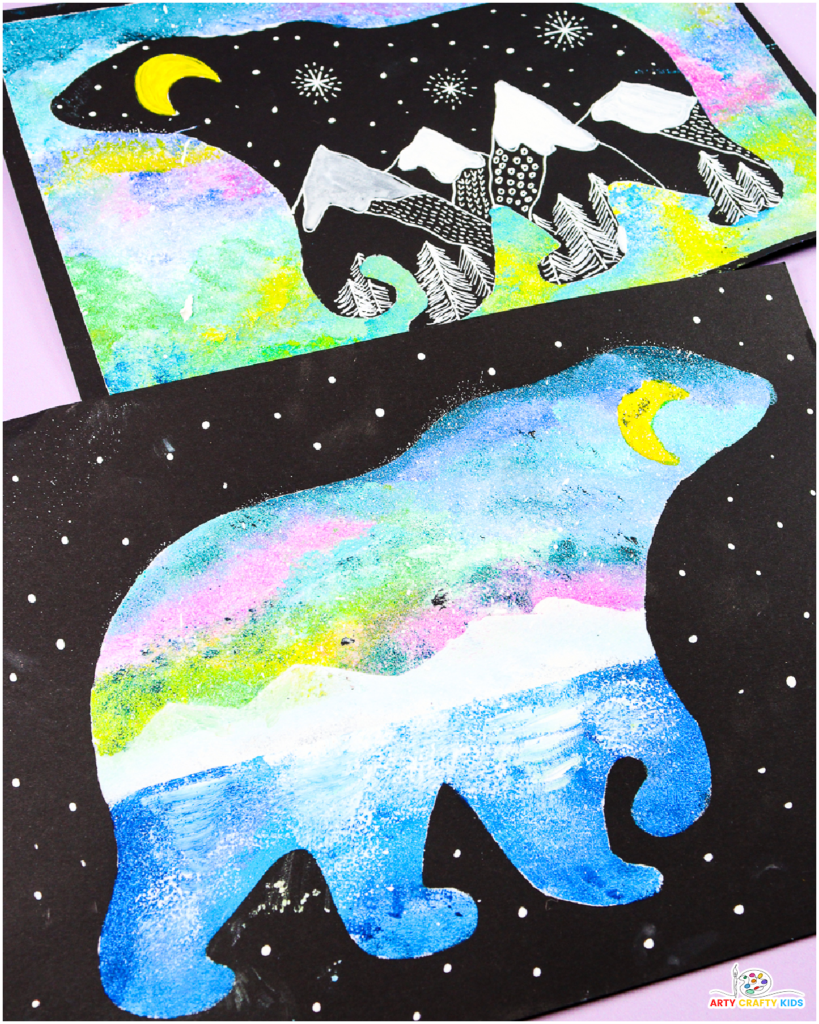 Polar Bear Silhouette Paintings featuring vibrant aurora borealis backgrounds, yellow moon details, and intricate snowy mountain patterns, perfect for winter-themed art projects for kids.