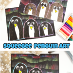 Discover a fun winter art project for kids! Learn how to create adorable scrape-painted penguins with a vibrant Northern Lights backdrop using chalk pastels, squeegee painting, and splatter techniques. Perfect for home or classroom creativity!