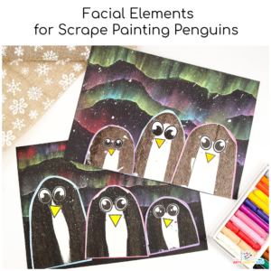 A colorful winter art project featuring scrape-painted penguins with bright yellow beaks and cartoon-style eyes. The penguins are placed on a dramatic Northern Lights background, created with blended chalk pastels and splattered white paint to resemble snowflakes.