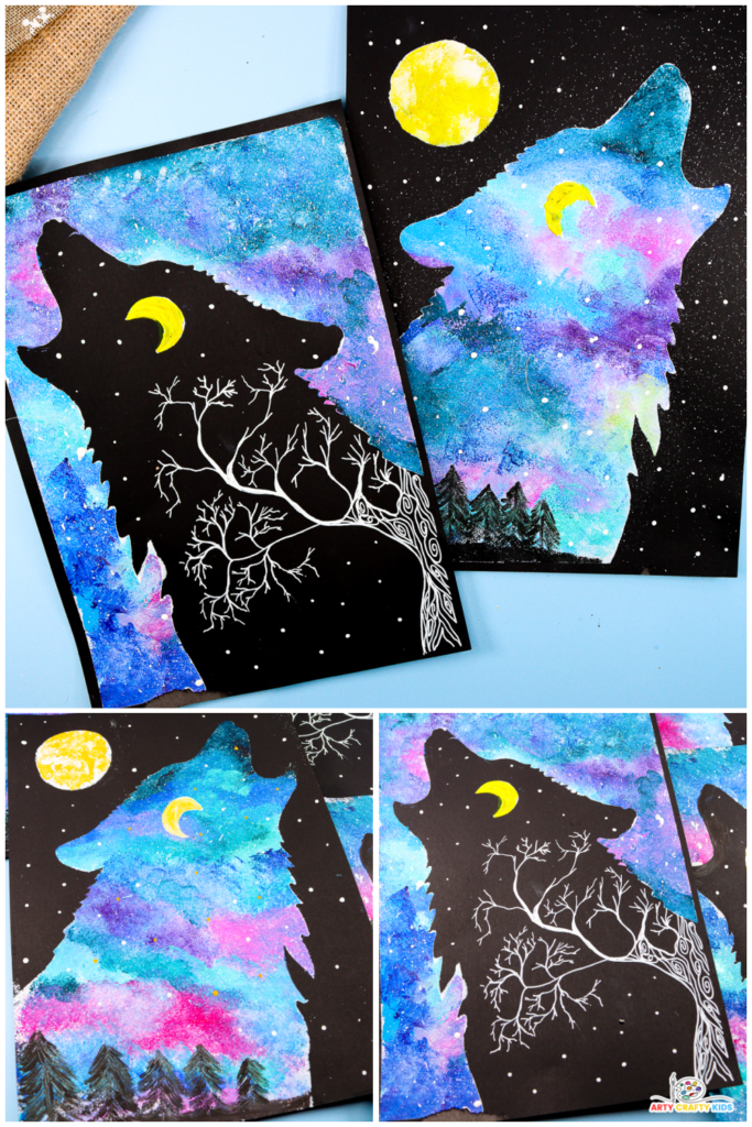 A collage of Wolf Silhouette Paintings featuring vibrant northern lights-inspired skies in shades of blue, pink, and purple. The silhouettes are embellished with white tree designs, glowing yellow moons, and starry backgrounds. A creative and magical art project for kids and adults.