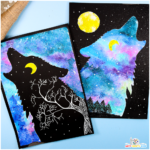 Magical Wolf Silhouette Painting with vibrant northern lights-inspired colors, glowing moons, and intricate details. A fun and creative art project for kids and adults