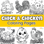 A collection of chick and chicken coloring pages featuring adorable baby chicks, hens, roosters, and farmyard scenes. The collage includes cute and simple designs for younger kids as well as detailed illustrations for older children and adults. A bright yellow banner highlights the title "Chick & Chicken Coloring Pages" with the Arty Crafty Kids logo in the top corner.