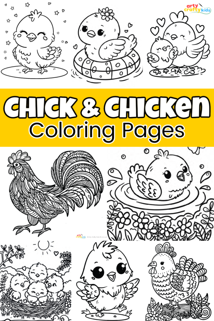 A collection of chick and chicken coloring pages featuring adorable baby chicks, hens, roosters, and farmyard scenes. The collage includes cute and simple designs for younger kids as well as detailed illustrations for older children and adults. A bright yellow banner highlights the title "Chick & Chicken Coloring Pages" with the Arty Crafty Kids logo in the top corner.