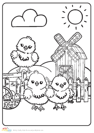 Chicks at farmyard coloring page for kids