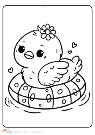 Simple chick swimming coloring sheet for preschoolers