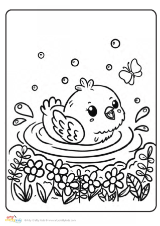 Playful chick swimming coloring sheet for kids.