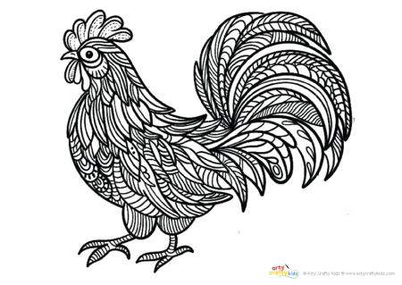 Detailed rooster coloring page, perfect for kids and adults alike.