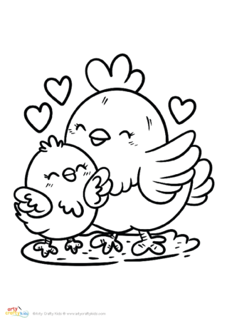 Mother hen and chick coloring sheet.