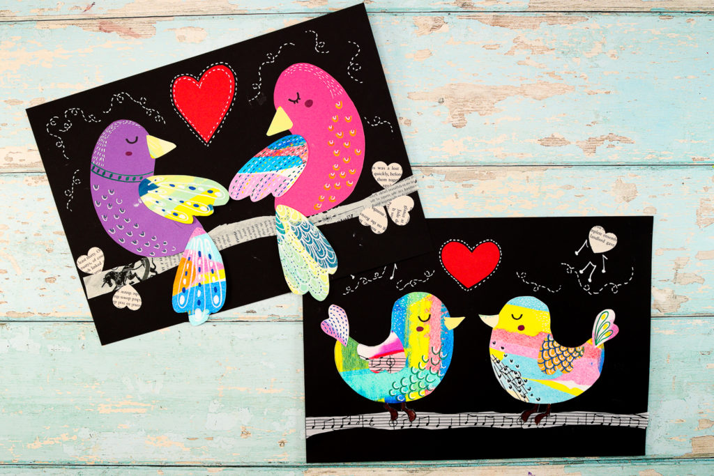 Final Love Bird Collage Display: A completed collage featuring two colorful love birds surrounded by hearts and patterns on black cardstock.