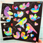 Love Bird Collage Art Project: A bright and colorful love bird collage made with squeegee-painted paper, perfect for kids' Valentine’s Day or spring art projects. Fun, easy, and creative!